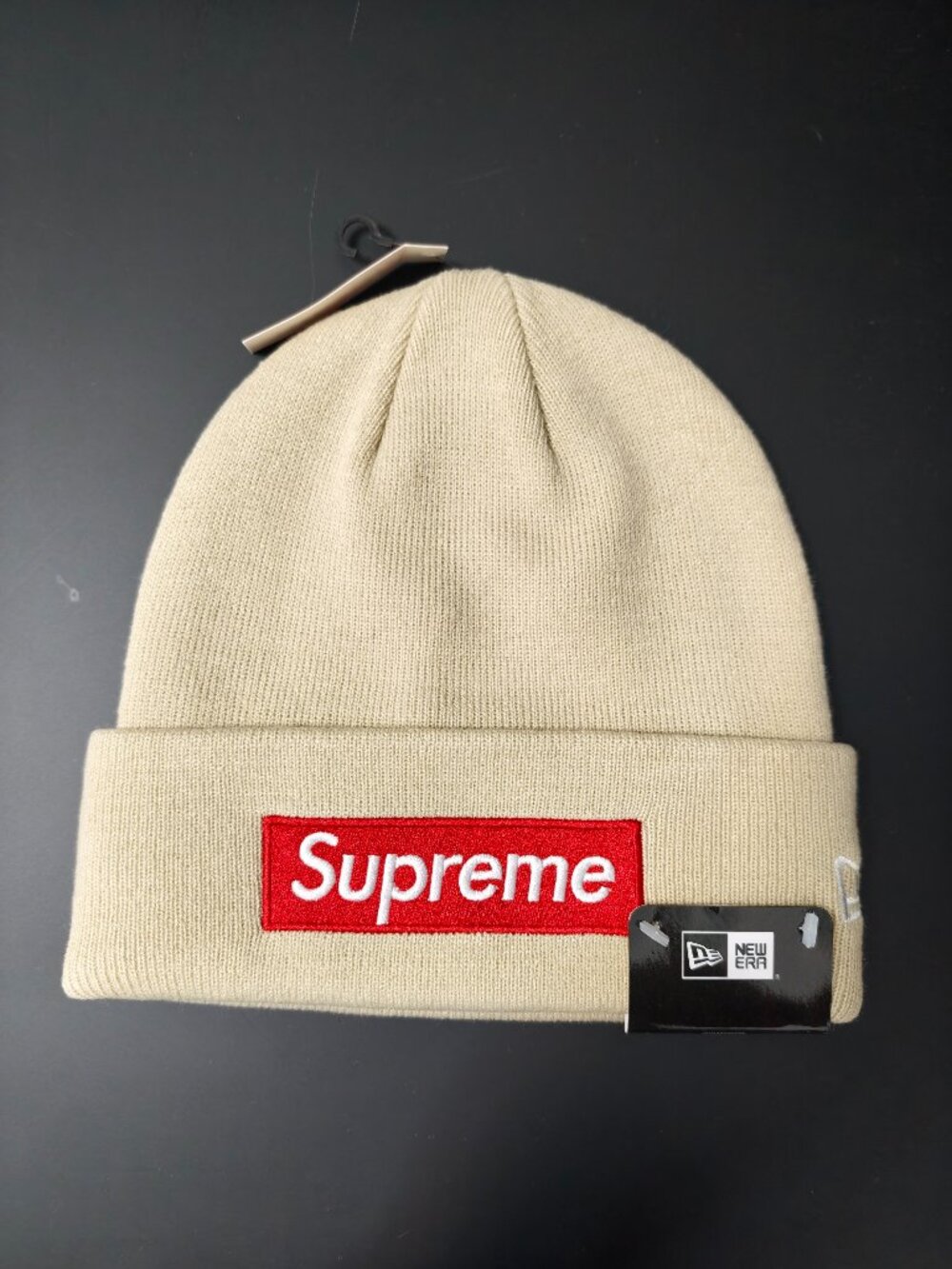 Supreme New Era Beige Red Logo Beanie
